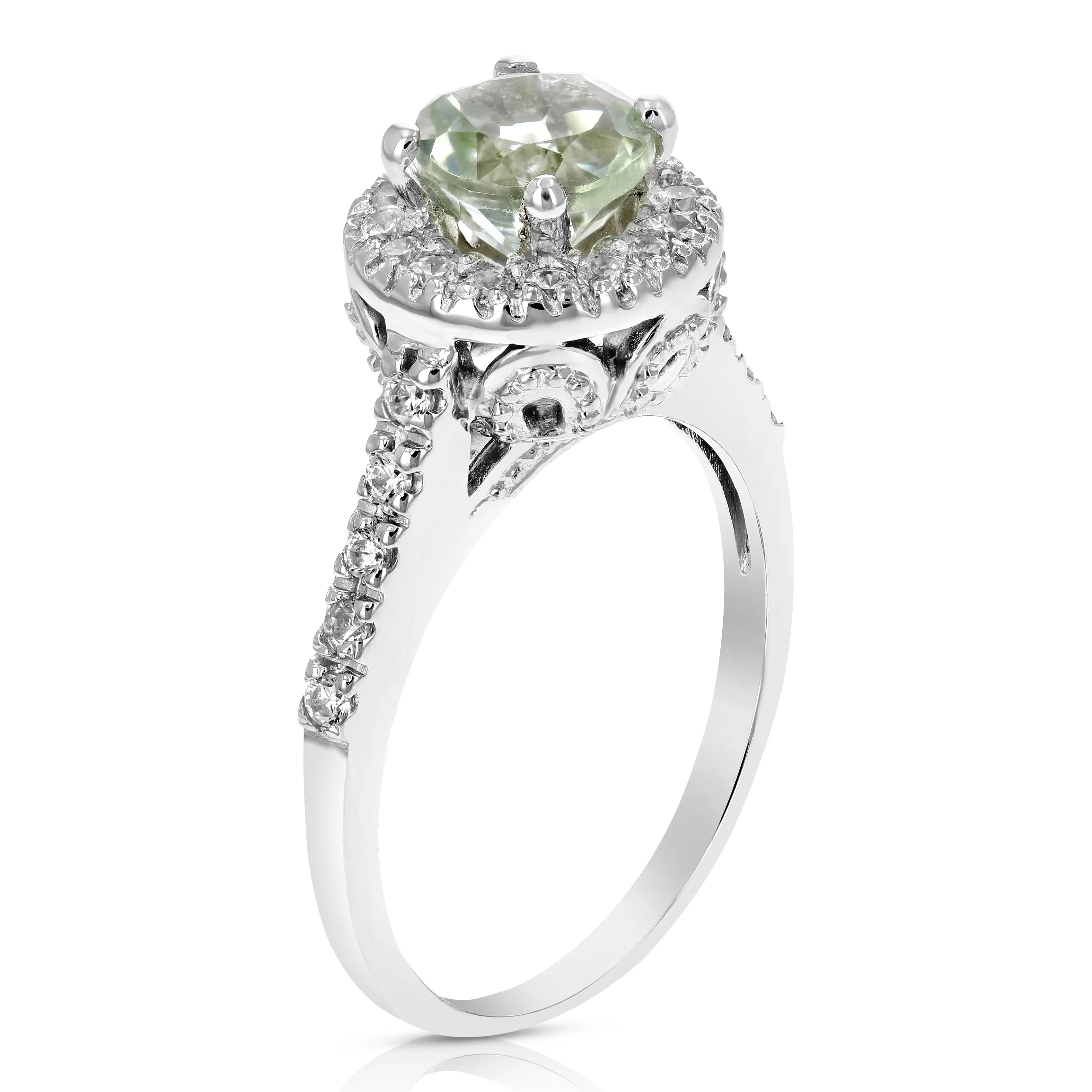 0.65 cttw Green Amethyst Ring .925 Sterling Silver with Rhodium Halo Style 7 MM