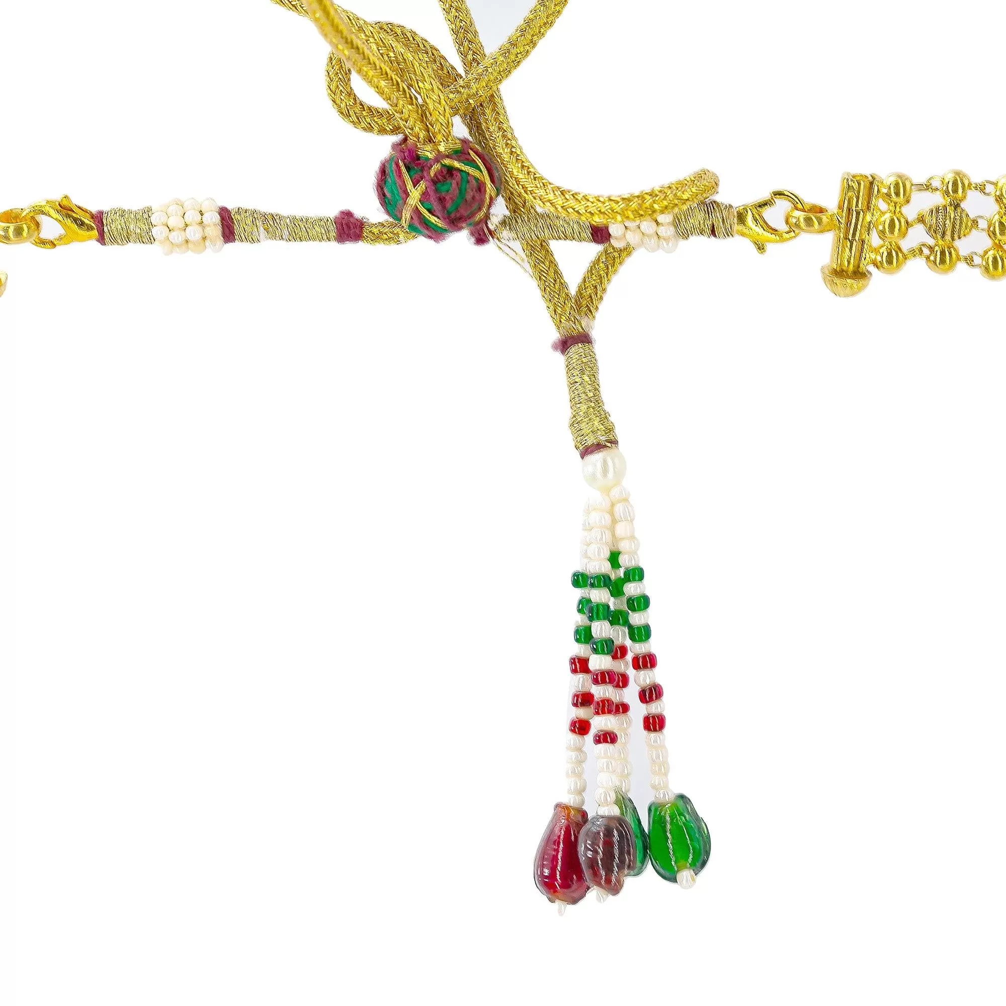 22K Yellow Antique Gold Laxmi Haaram Necklace W/ Emeralds, Rubies & Faceted Laxmi Accents