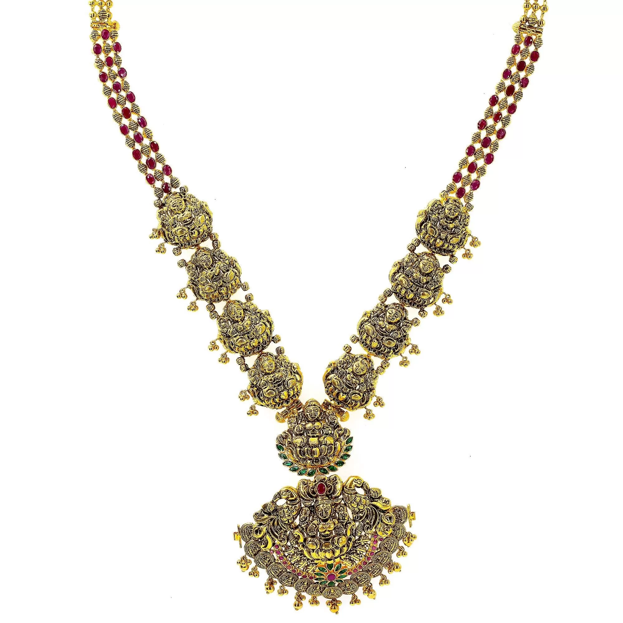 22K Yellow Antique Gold Laxmi Haaram Necklace W/ Emeralds, Rubies & Faceted Laxmi Accents