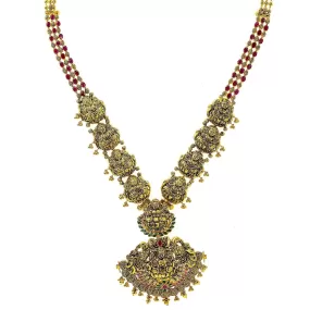 22K Yellow Antique Gold Laxmi Haaram Necklace W/ Emeralds, Rubies & Faceted Laxmi Accents