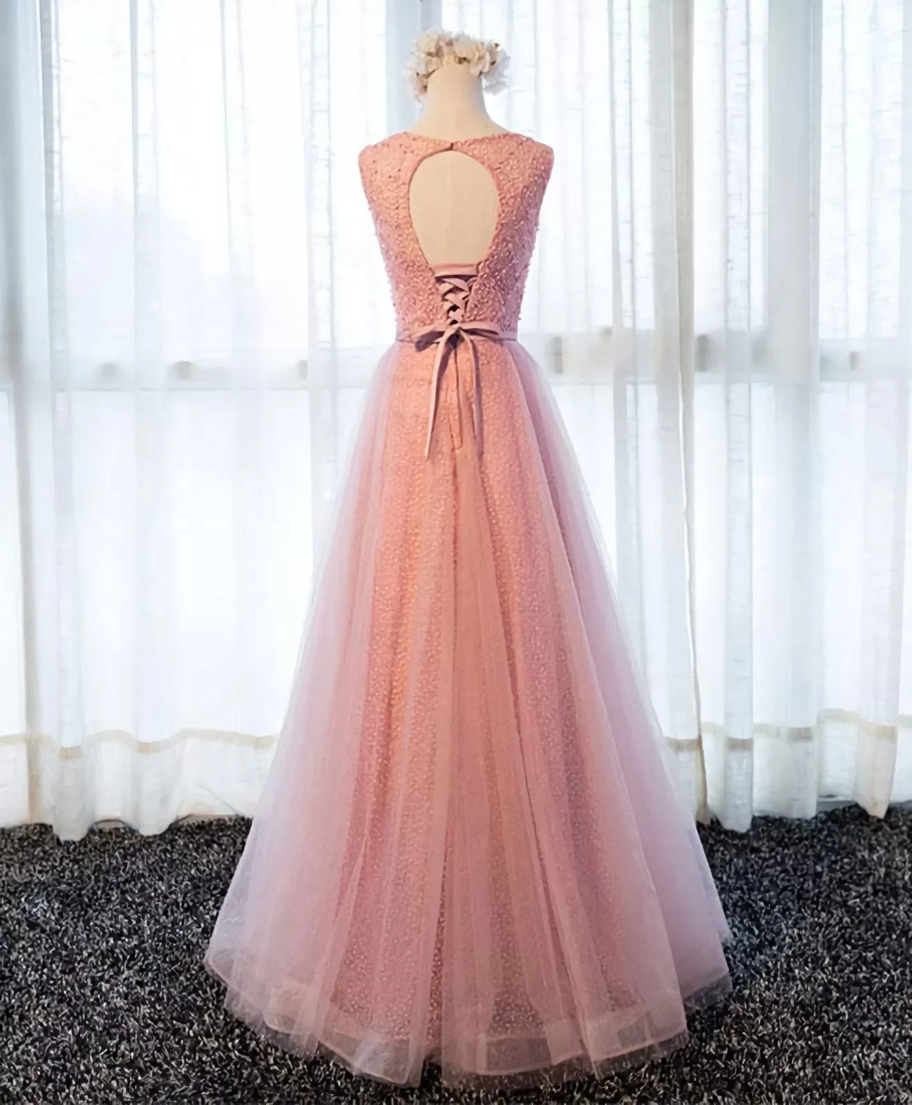 A Line Round Neck Tulle Long Prom Dress, Lace Evening Dress