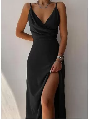 A-line Sleeveless Little Black Dress with V-Neck and Spaghetti Straps