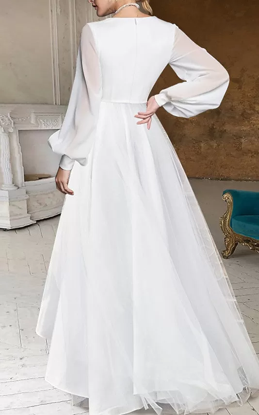 A-Line V-neck Chiffon Wedding Dress Simple Casual Sexy Adorable Beach summer With Zipper Back And Poet Long Sleeves