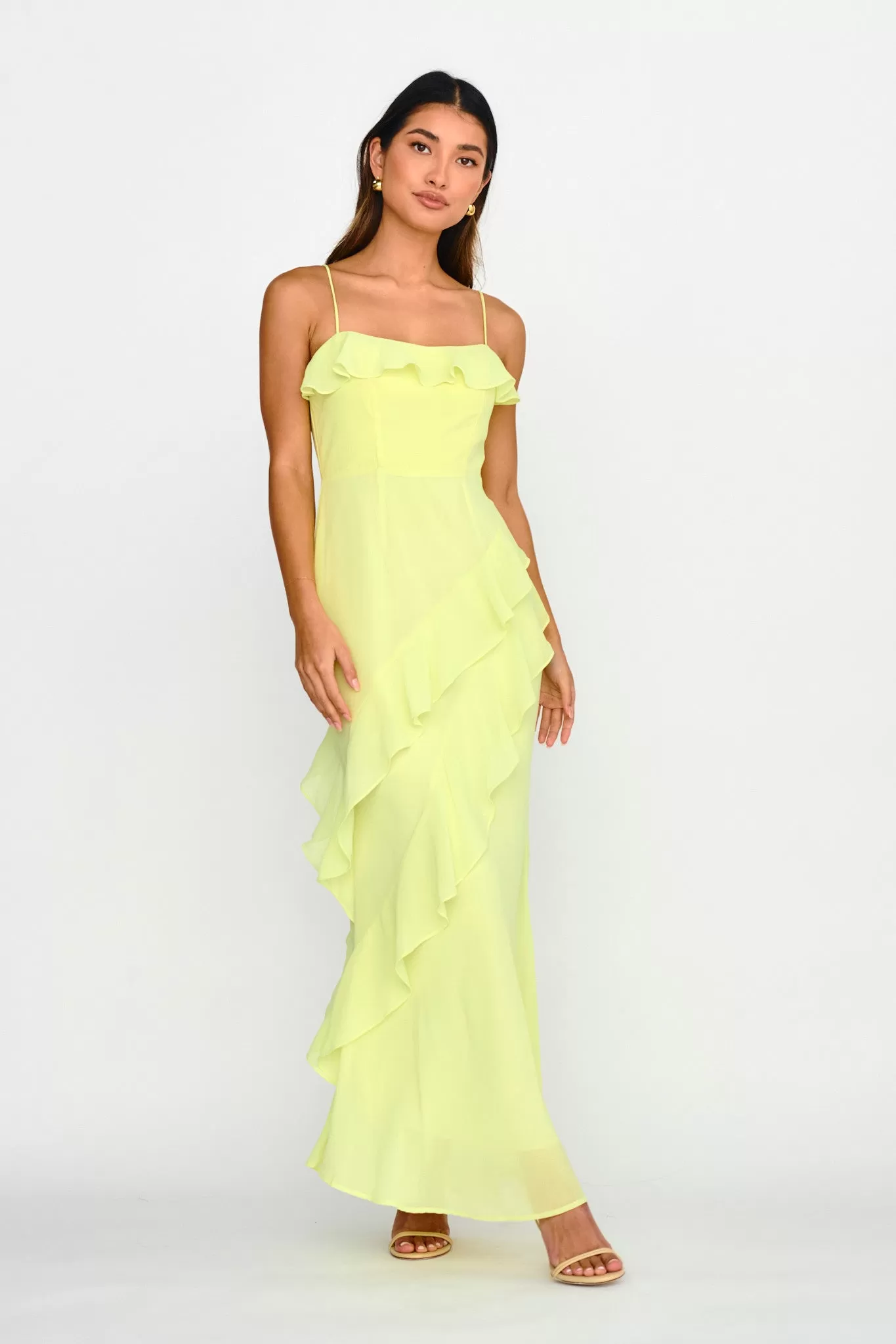 Actual Sunshine Ruffle Trim Maxi Dress Lime