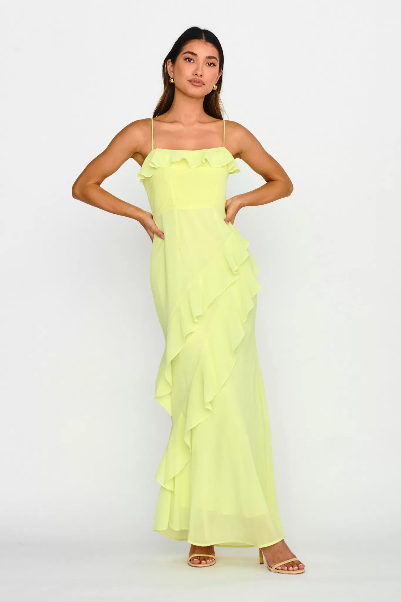 Actual Sunshine Ruffle Trim Maxi Dress Lime