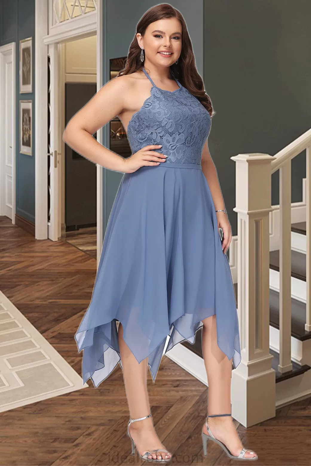 Addyson A-line Halter Asymmetrical Chiffon Lace Homecoming Dress STKP0020561