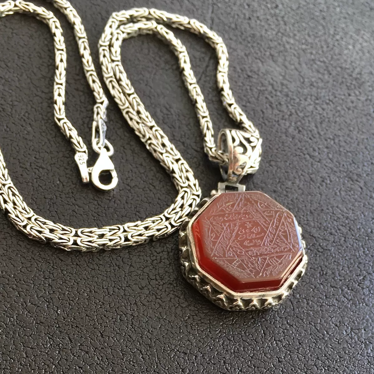 Agate Pendant Handmade 925 Sterling Silver Seal of Solomon engraved Talisman incl. Kings Chain Necklace