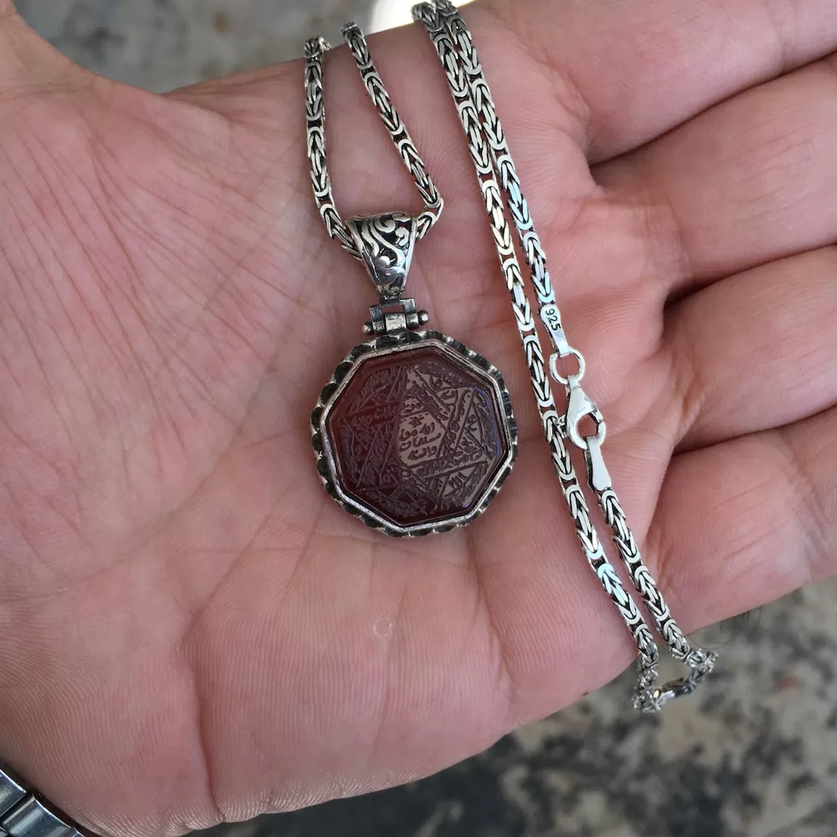 Agate Pendant Handmade 925 Sterling Silver Seal of Solomon engraved Talisman incl. Kings Chain Necklace