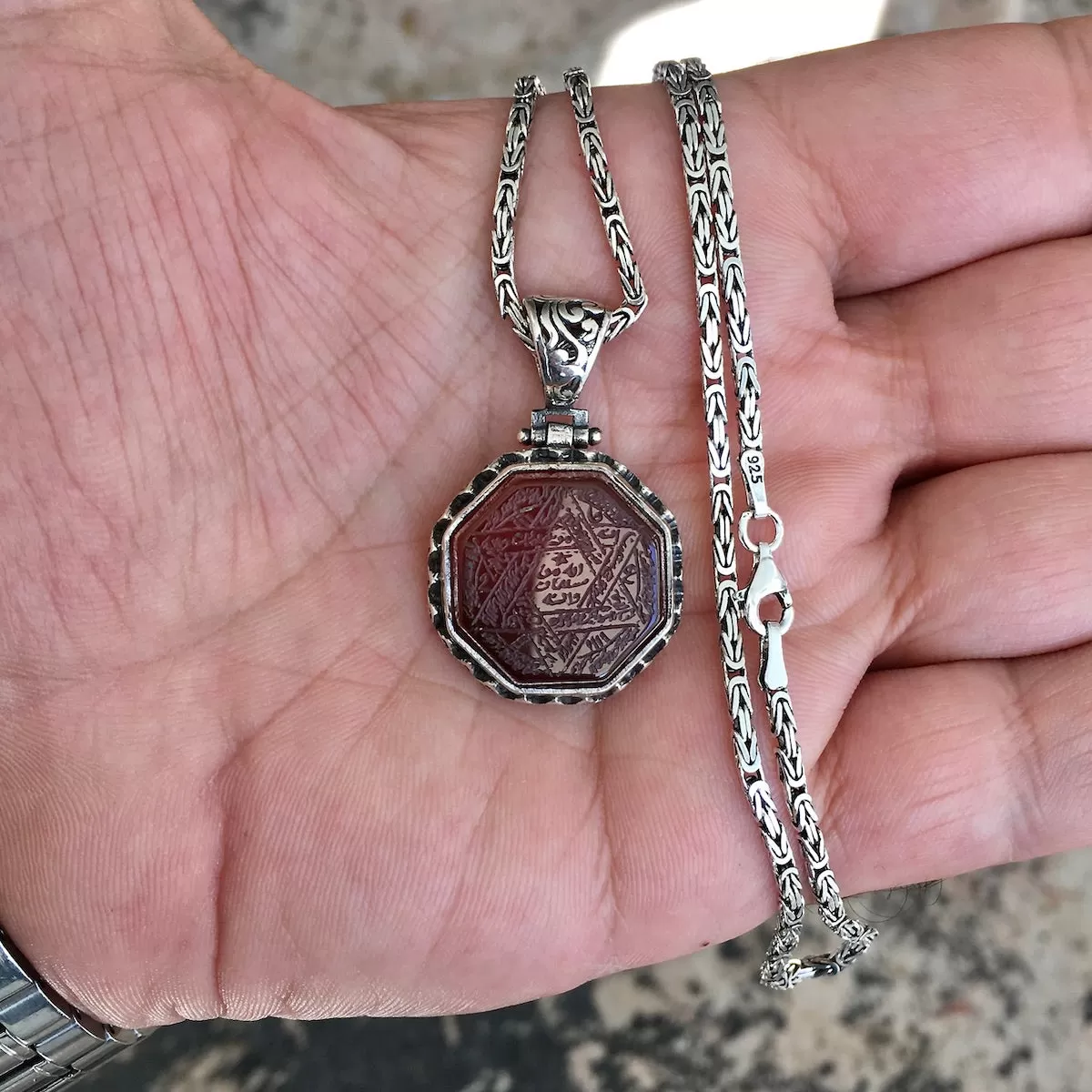 Agate Pendant Handmade 925 Sterling Silver Seal of Solomon engraved Talisman incl. Kings Chain Necklace