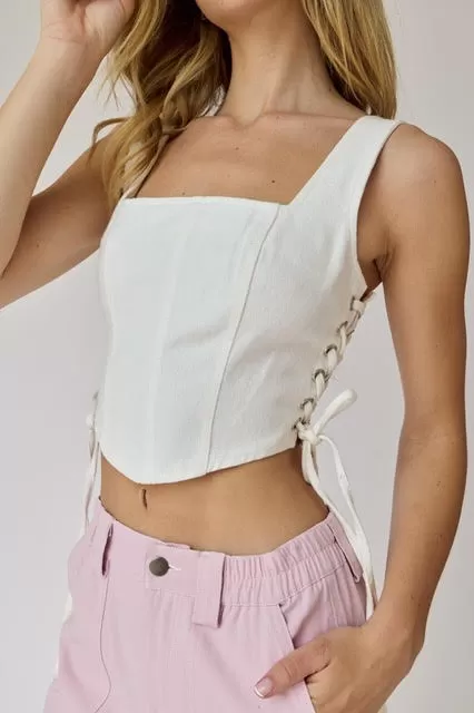 All Tied Up Square Neck Corset Detail Denim Top - White