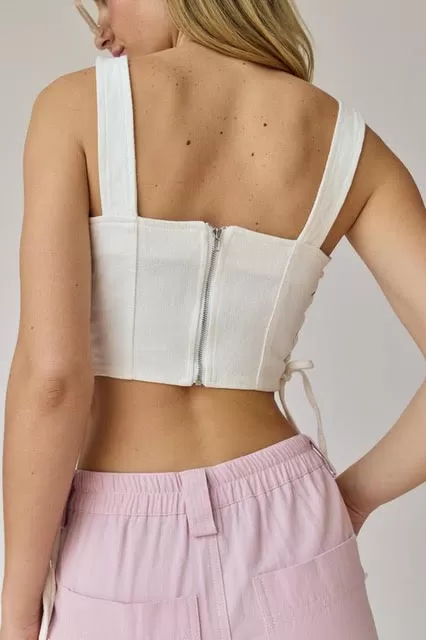 All Tied Up Square Neck Corset Detail Denim Top - White