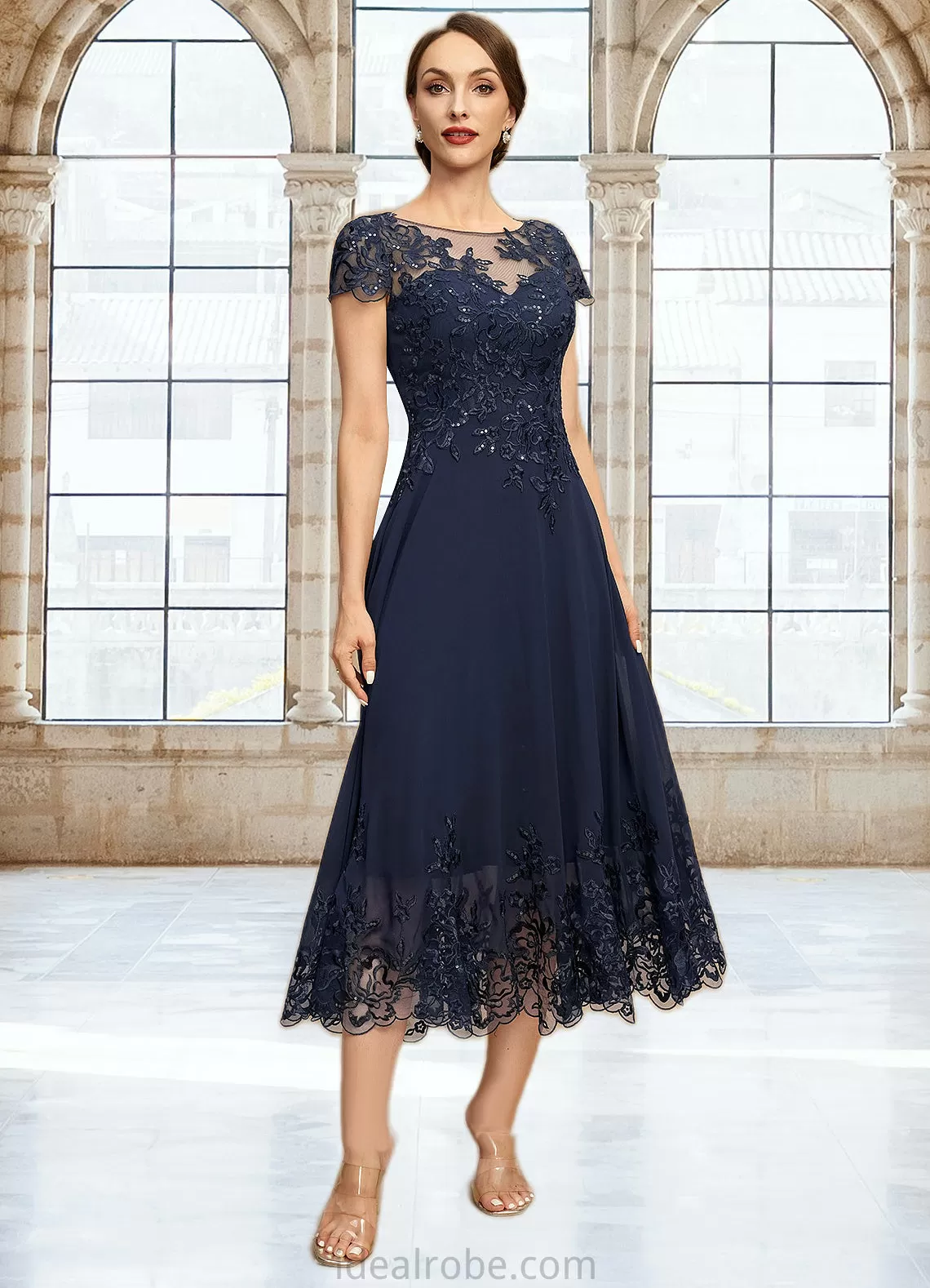 Allison A-line Scoop Illusion Tea-Length Chiffon Lace Mother of the Bride Dress With Sequins STKP0021664