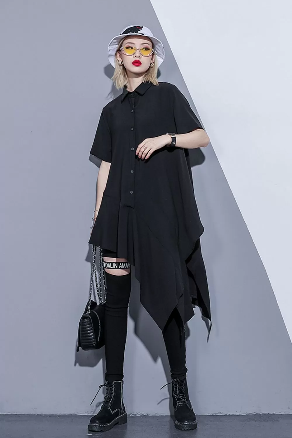 Asymmetrical Hem Button Down Shirt Dress