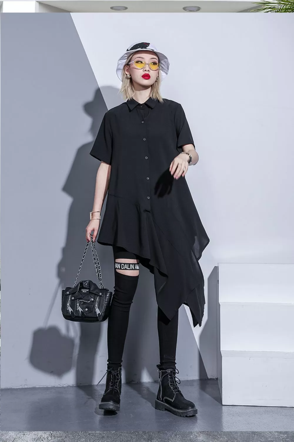 Asymmetrical Hem Button Down Shirt Dress