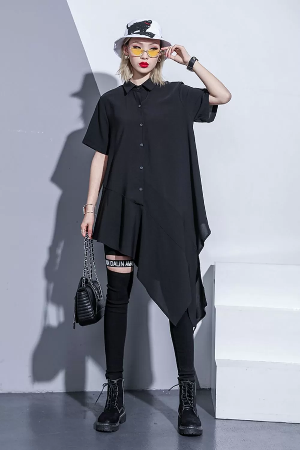 Asymmetrical Hem Button Down Shirt Dress