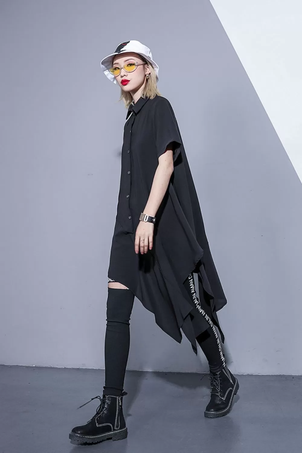 Asymmetrical Hem Button Down Shirt Dress