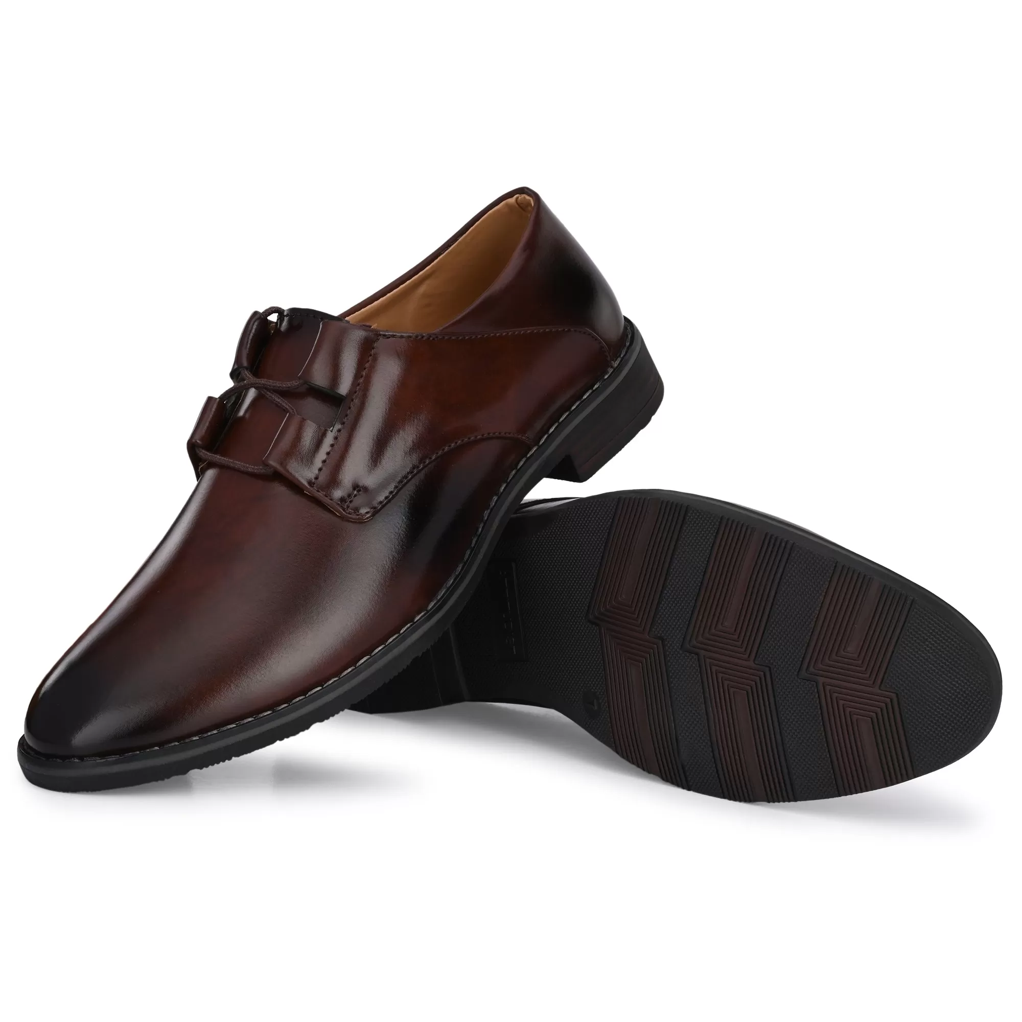 Attitudist Unisex Handcrafted Derby Glossy Brown Lace-up Shoes With Criss Cross Lacing