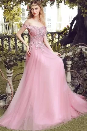 Aurora Off The Shoulder Tulle Natural Waist A-Line/Princess Sleeveless Sweep-Brush Train Bridesmaid Dresses