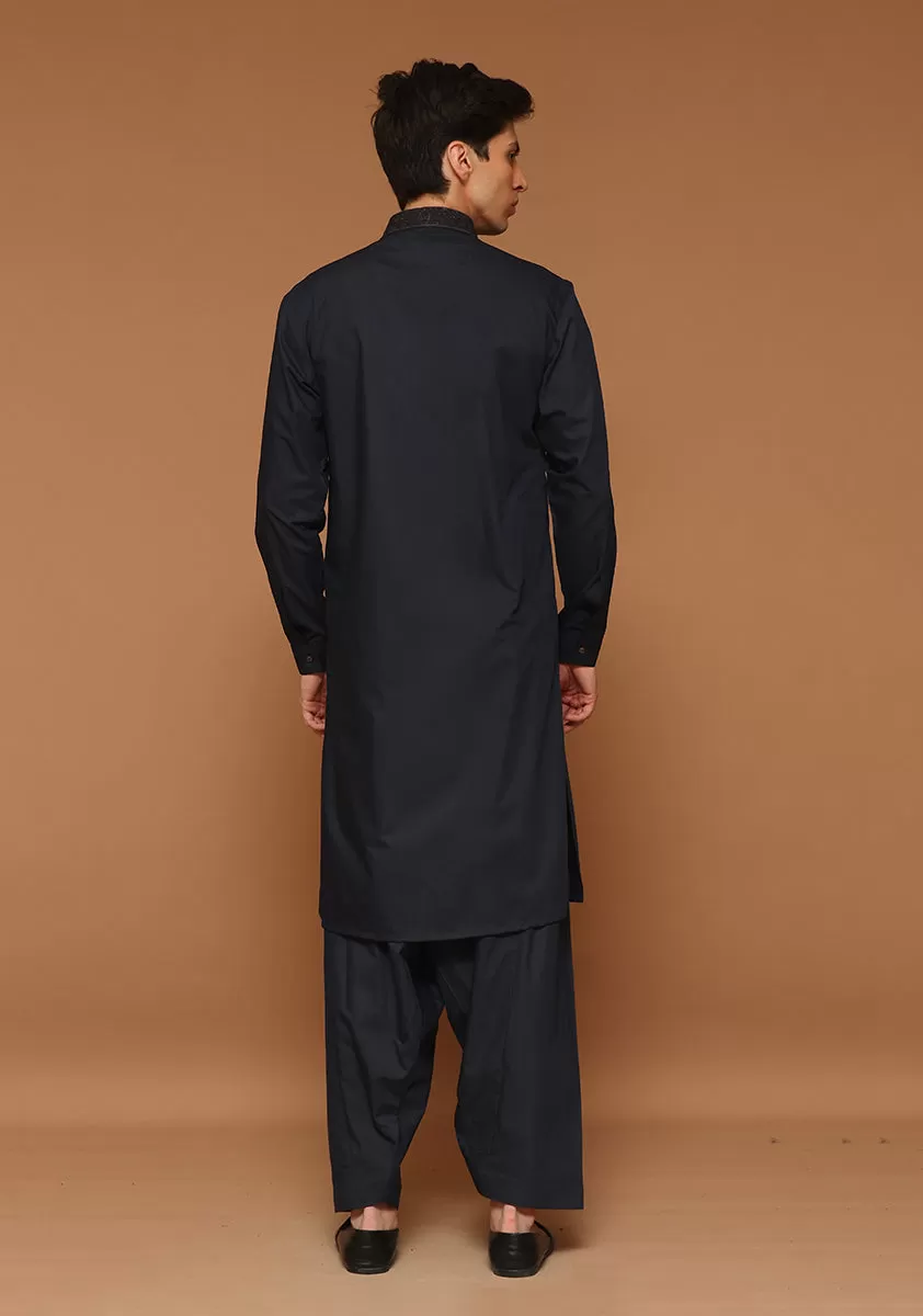 Basic Poly Viscose Maluki Dark Sapphire Slim Fit Embroidered Suit