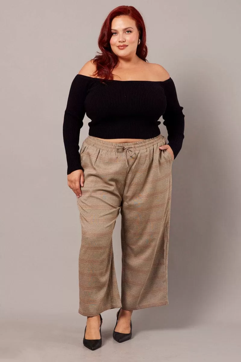 Beige Check Tapered Pants Elasticated Waist Cropped