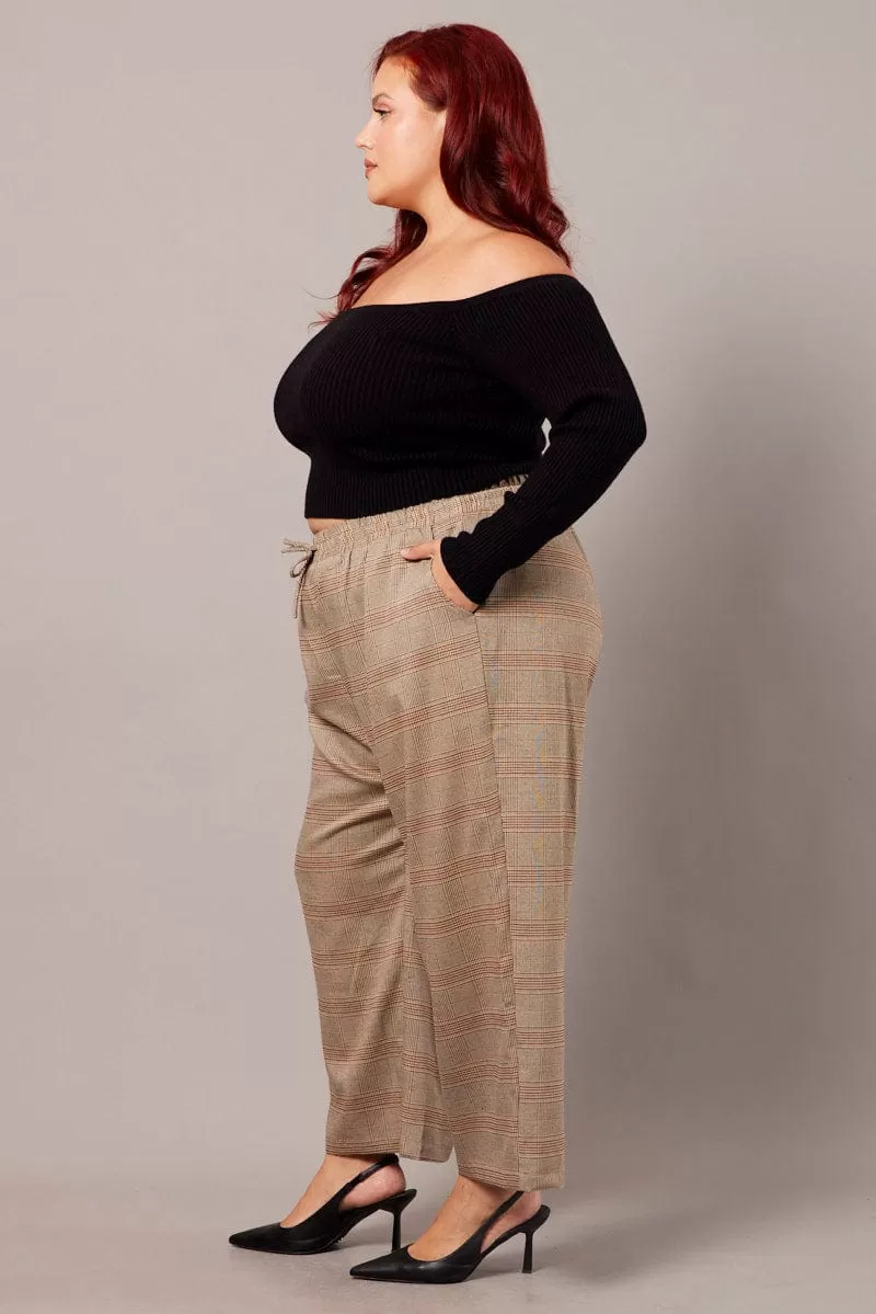 Beige Check Tapered Pants Elasticated Waist Cropped