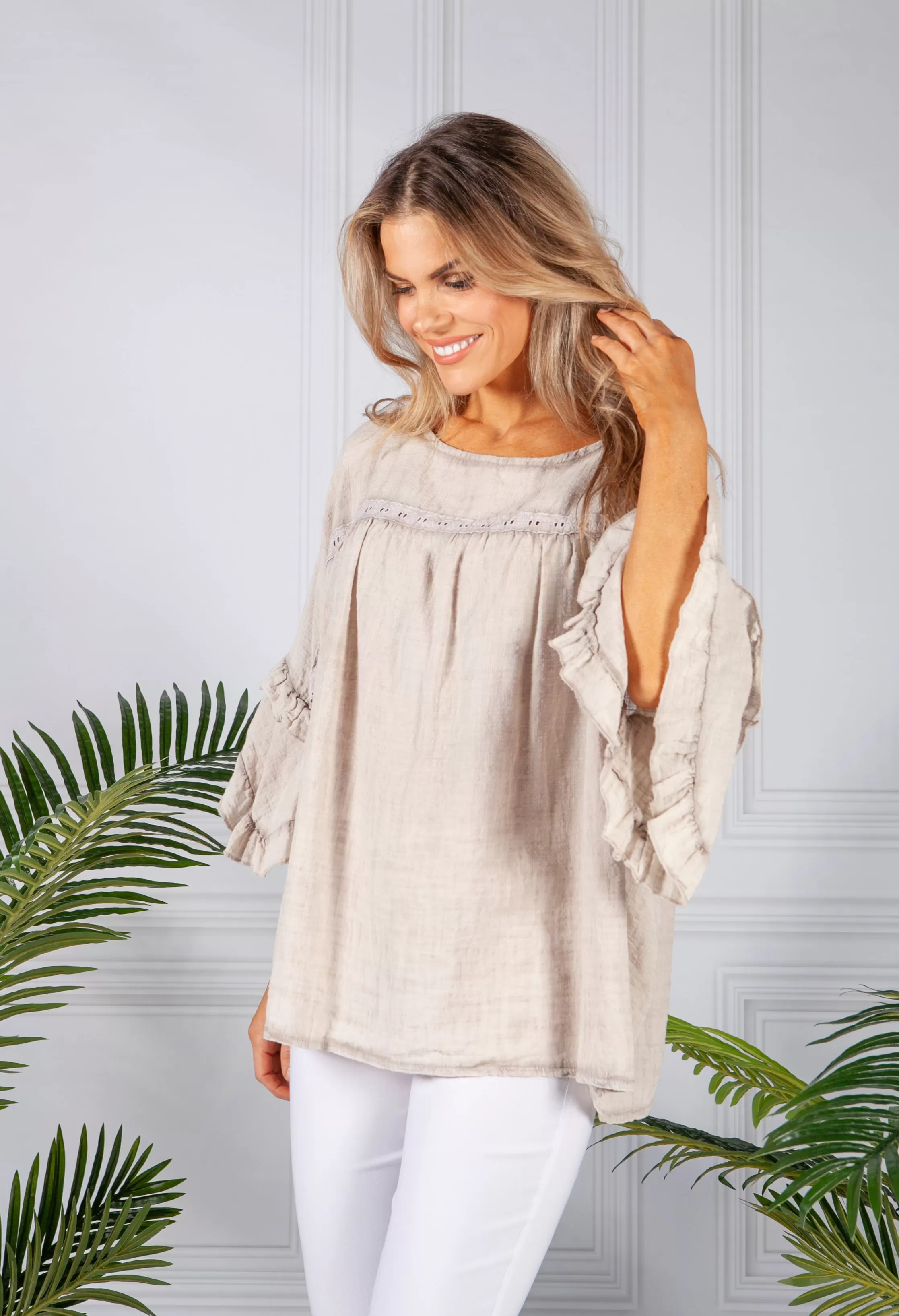 Beige Cotton Blouse with Ruffle Sleeve