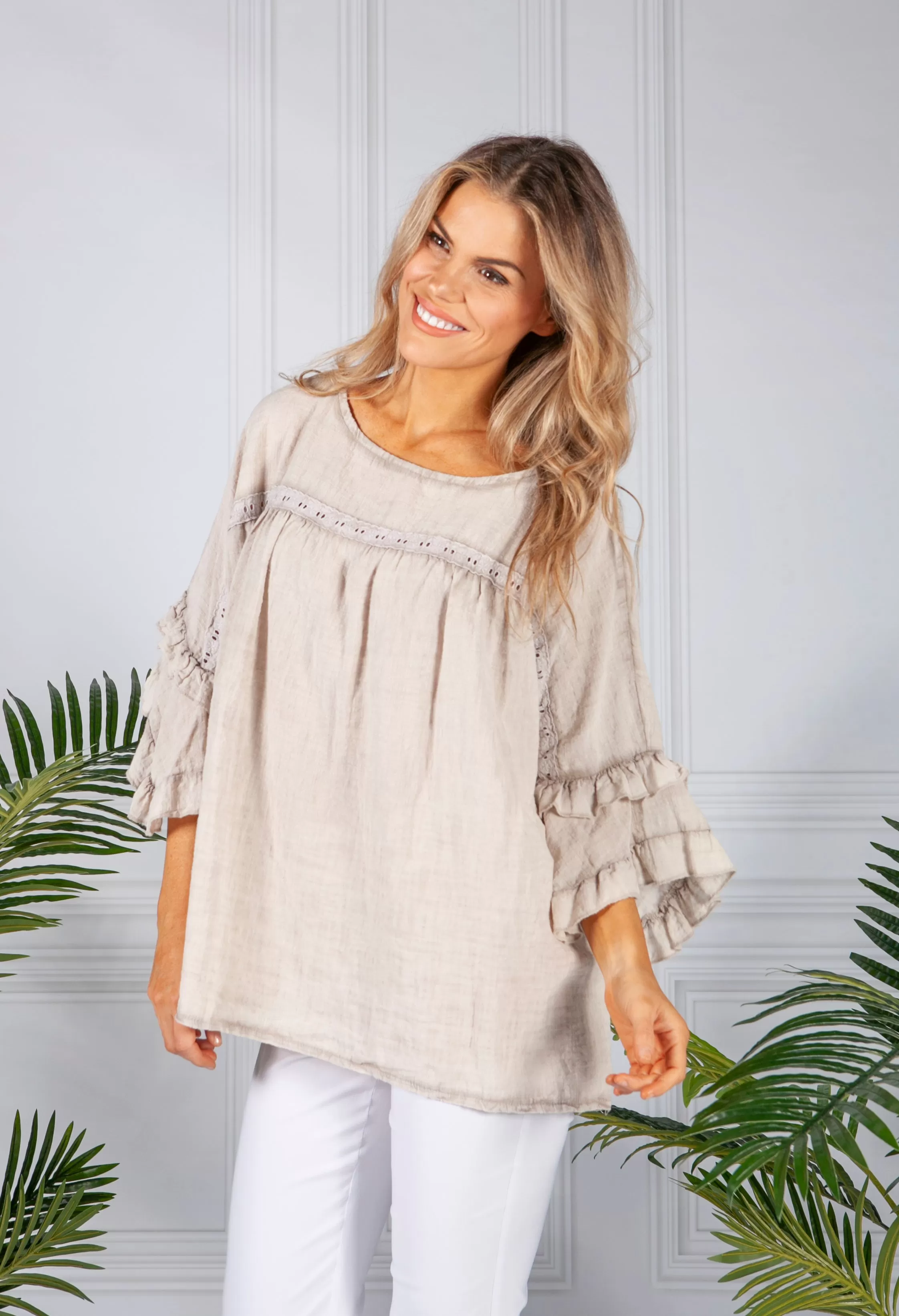 Beige Cotton Blouse with Ruffle Sleeve