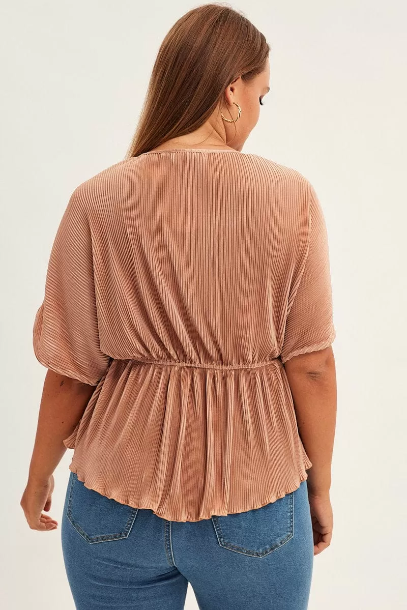 Beige Plisse Top Short Sleeve V-Neck