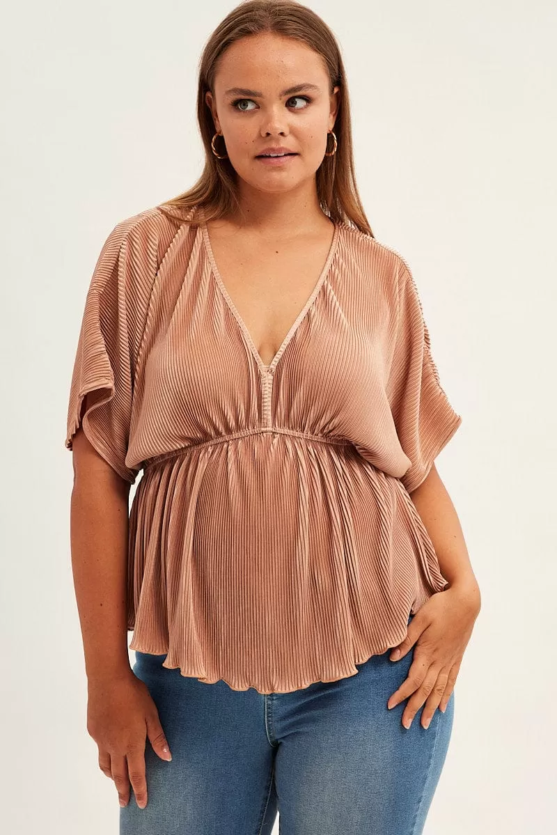 Beige Plisse Top Short Sleeve V-Neck