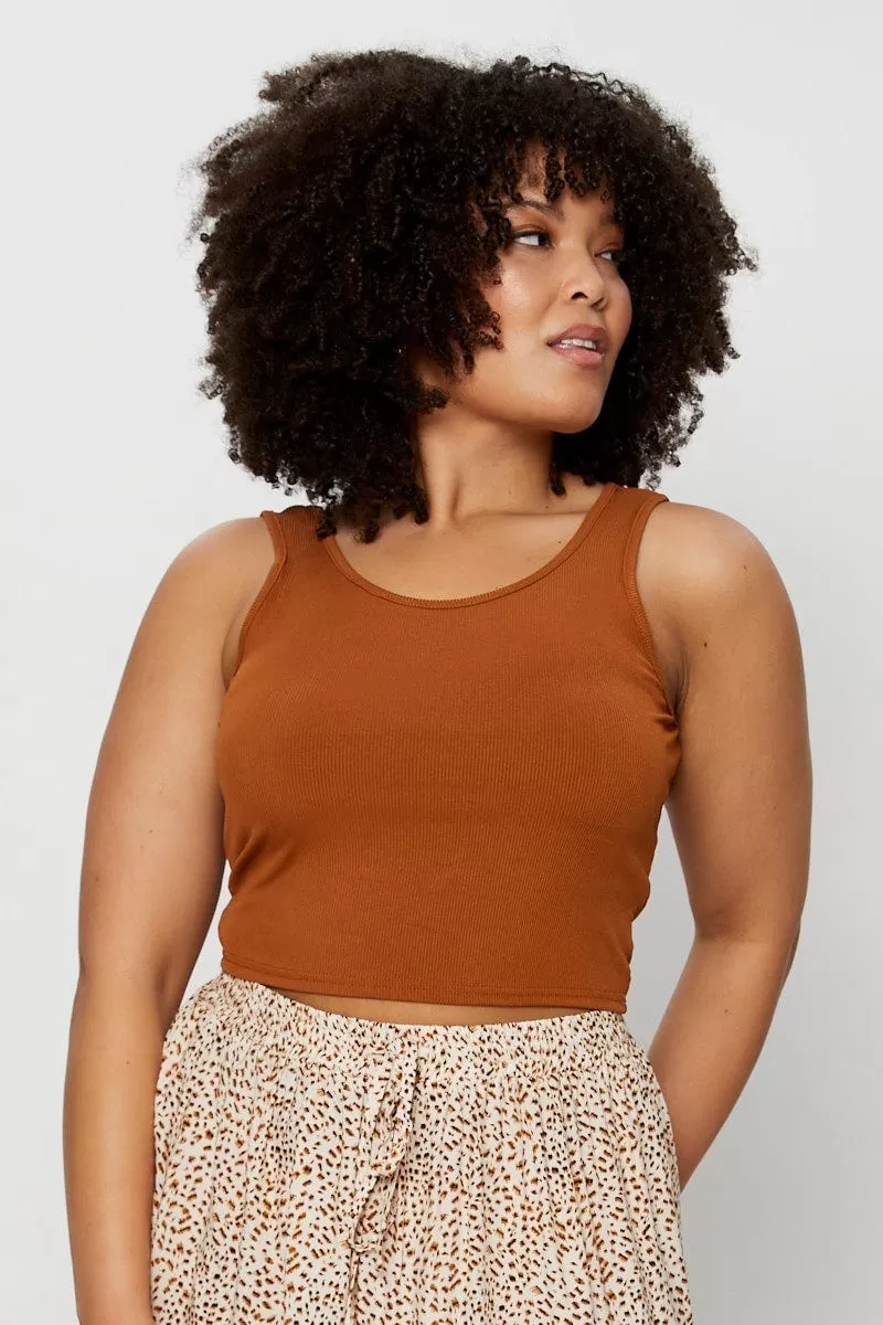 Beige Tank Top Round Neck Sleeveless Rib Crop