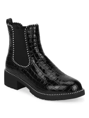 Black Croc Patent Studded Ankle Boots