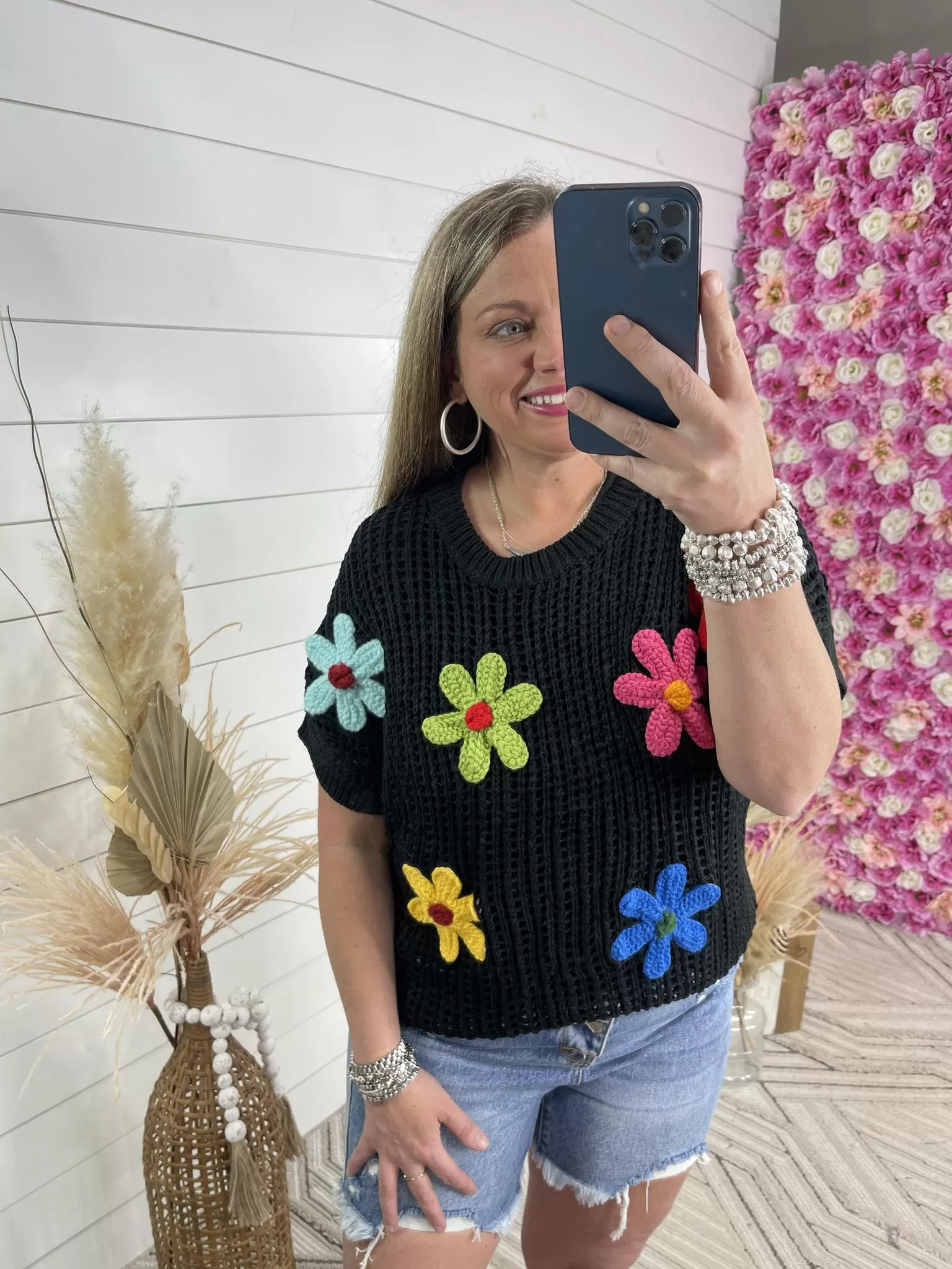 BLACK CROCHET TOP W/ BRIGHT FLORALS