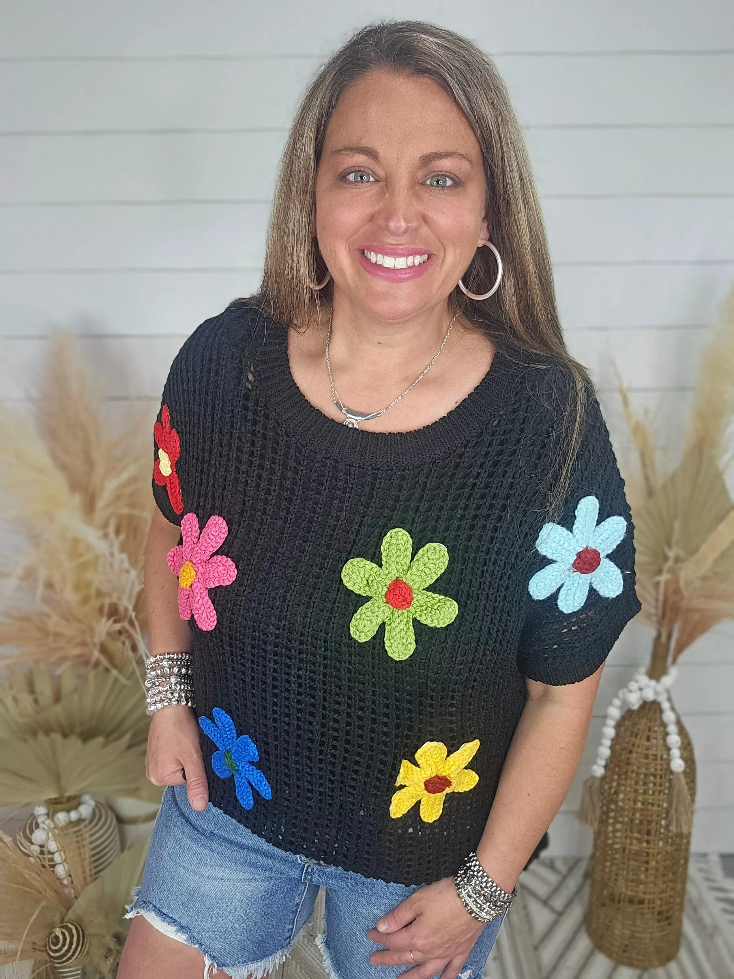 BLACK CROCHET TOP W/ BRIGHT FLORALS