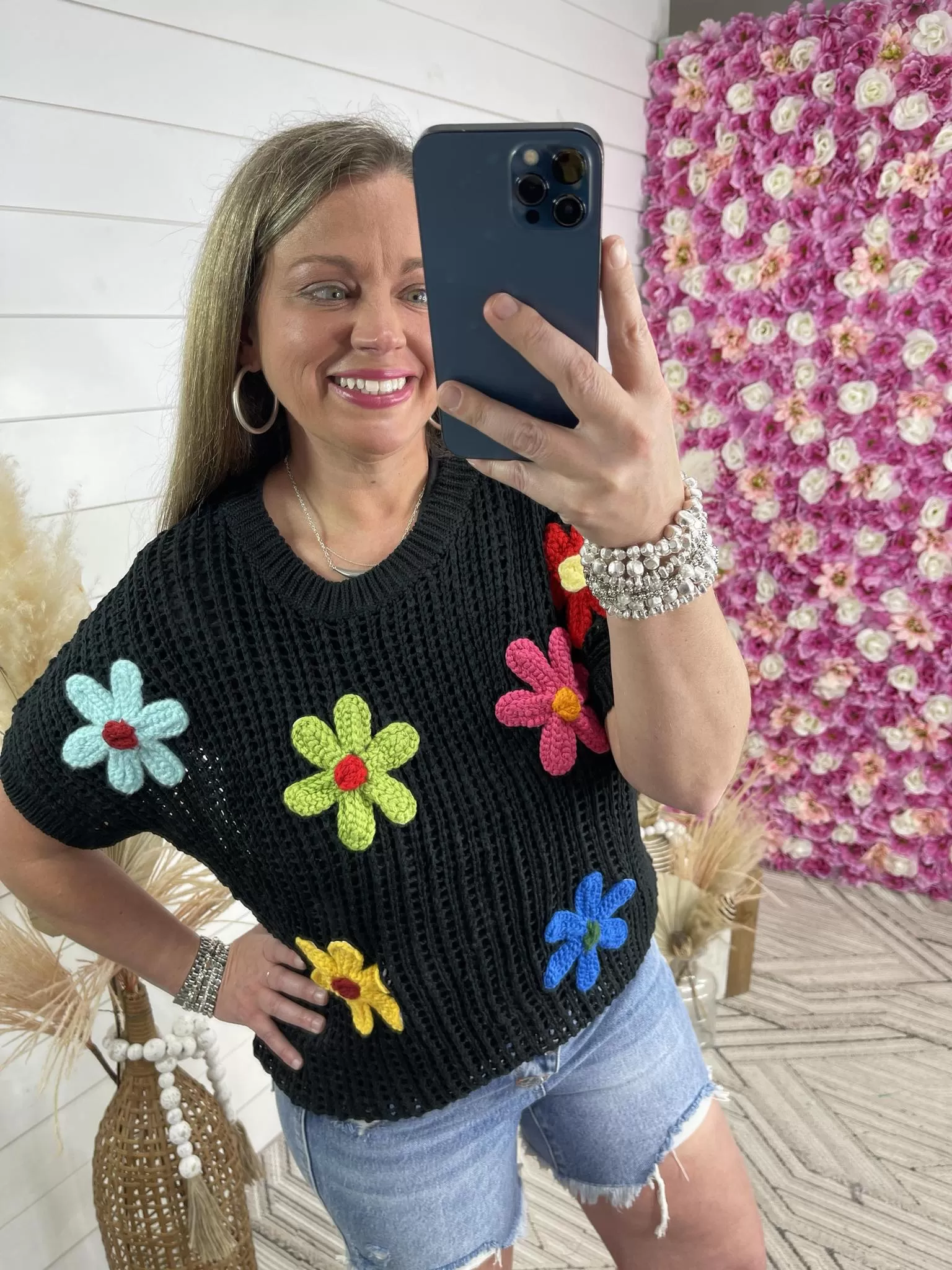 BLACK CROCHET TOP W/ BRIGHT FLORALS