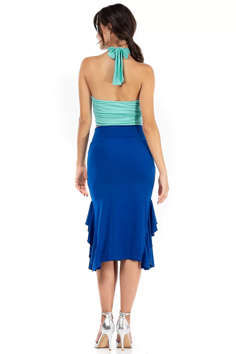 Bodycon Midi Dance Skirt With Side Ruffles