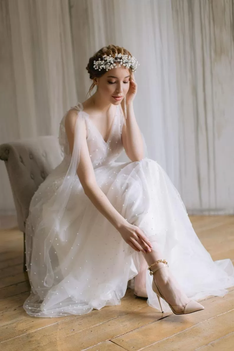 Boho Pearls Ivory Wedding Dresses, Elegant Wedding Gown, Affordable Wedding Dresses, A-line Wedding Dresses, 2021 Wedding Dresses