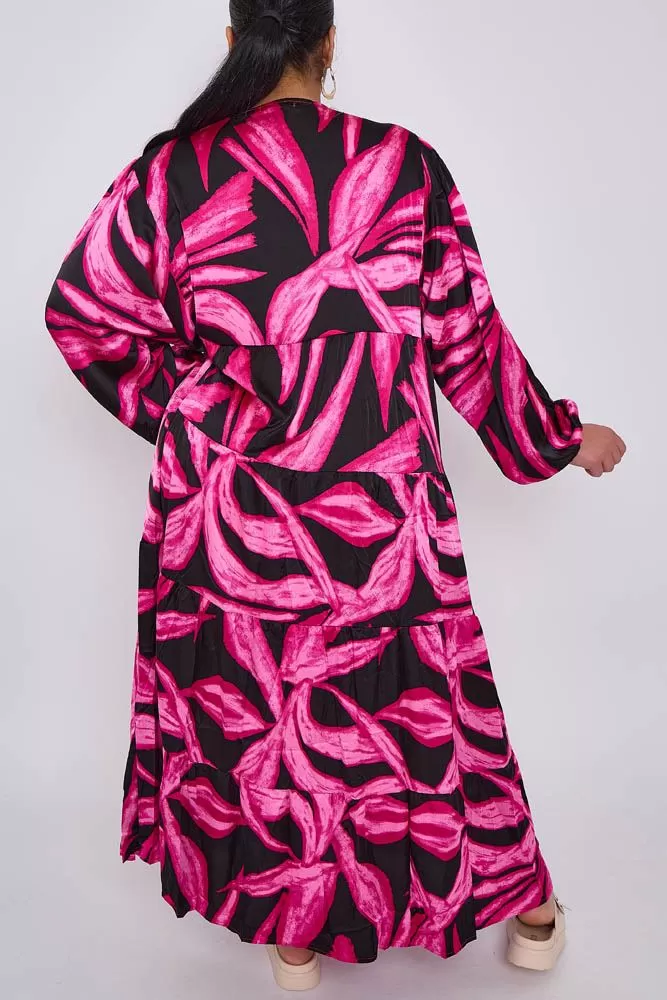 Bold Leaf Print Flared Tiered Dress