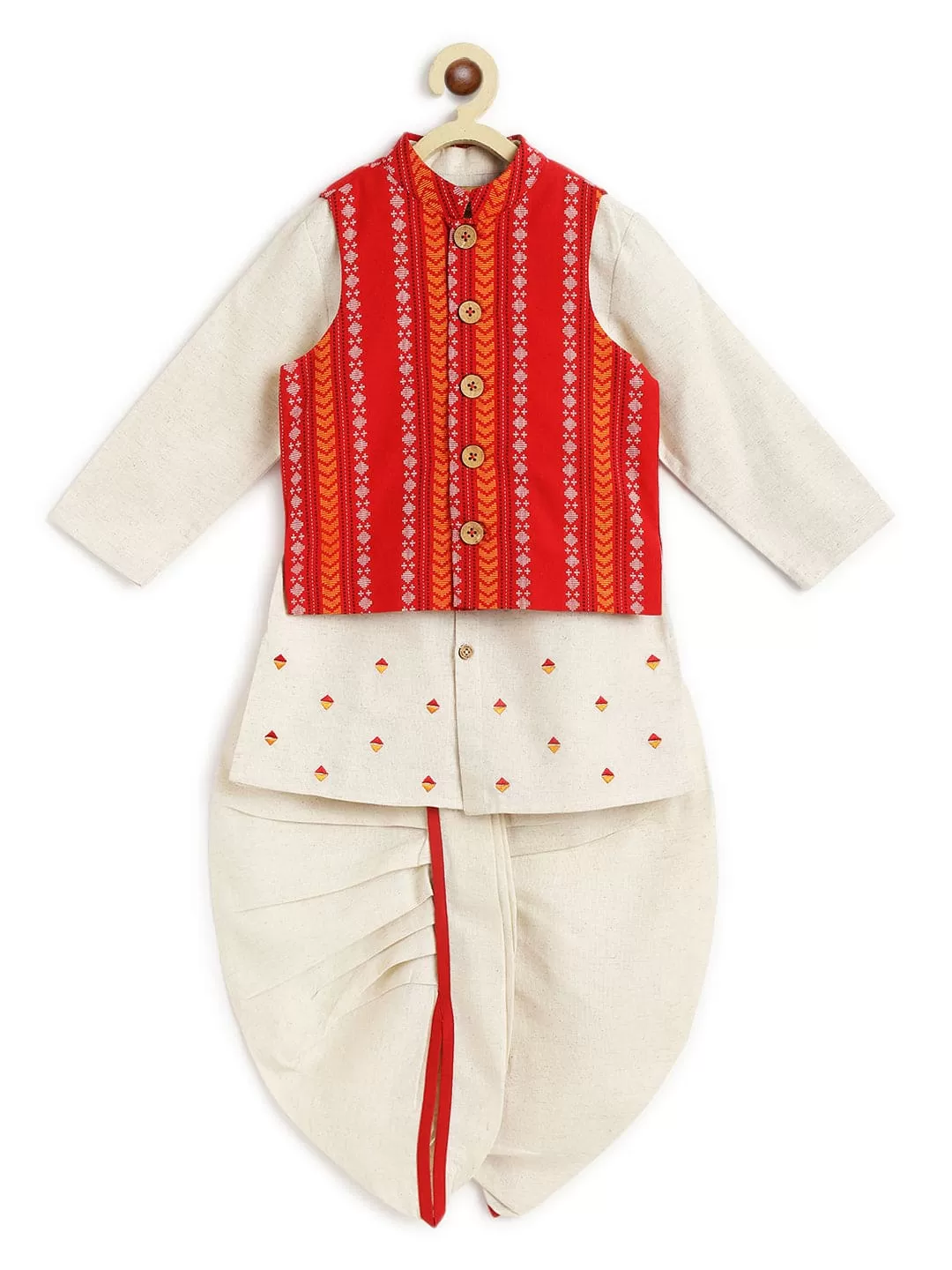 Boy Jacquard Multi 3 Pc Bundi Set - Cream