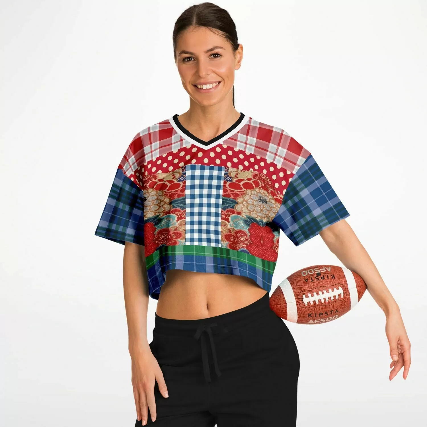 Busan Fleur Floral Plaid Patchwork Crop Jersey