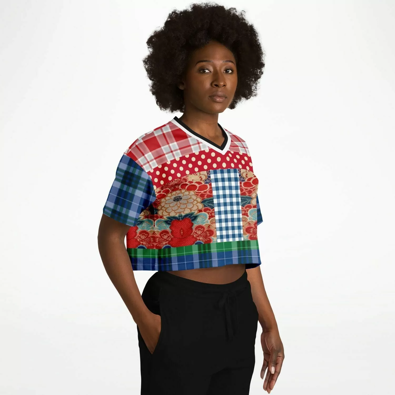 Busan Fleur Floral Plaid Patchwork Crop Jersey