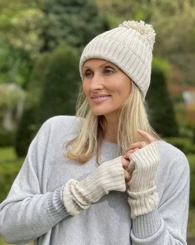 Cashmere Knit Pom Pom Hat - Beige