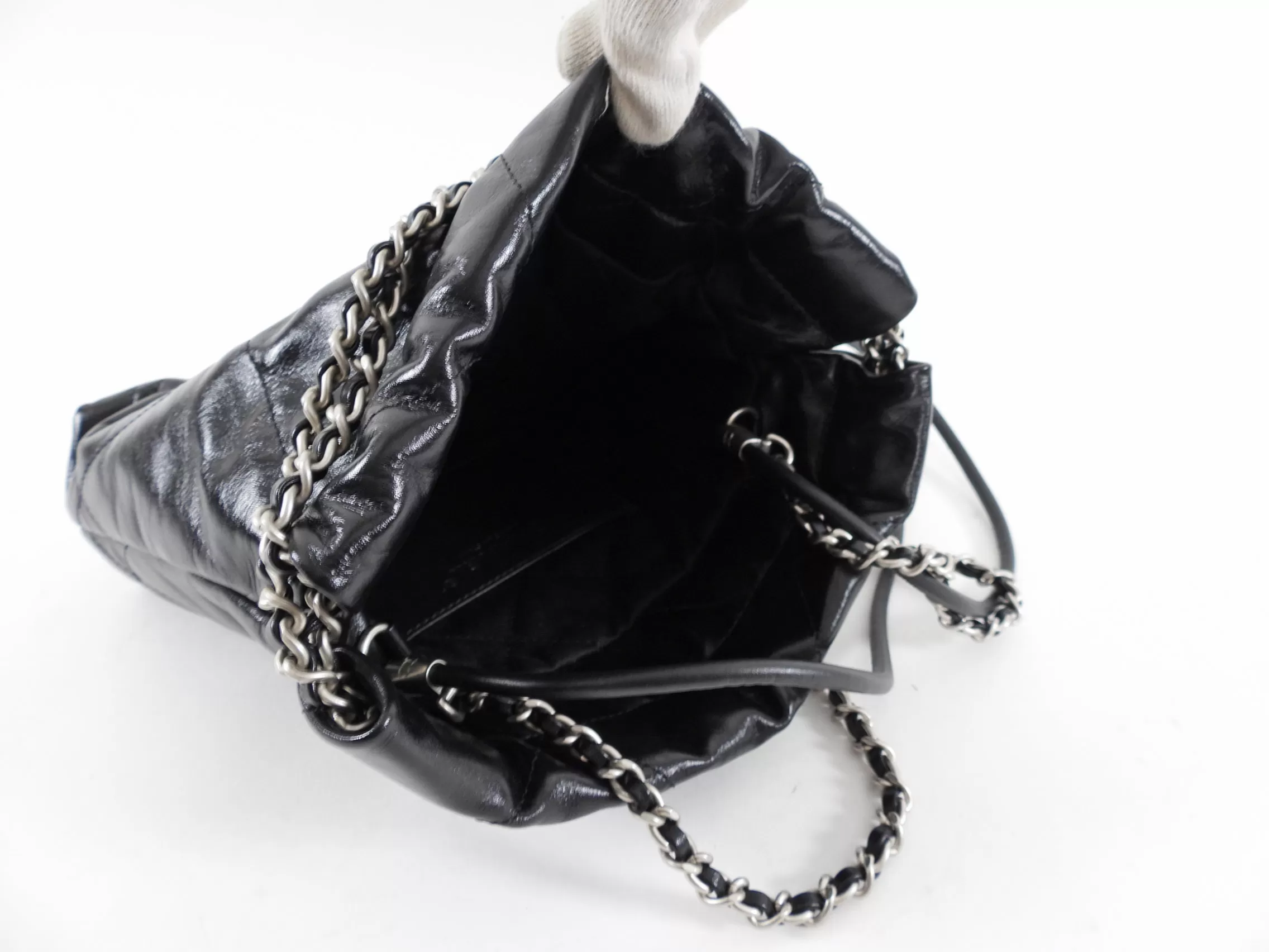 Chanel 22 Black Glossed Leather Logo Mini Chain Bag