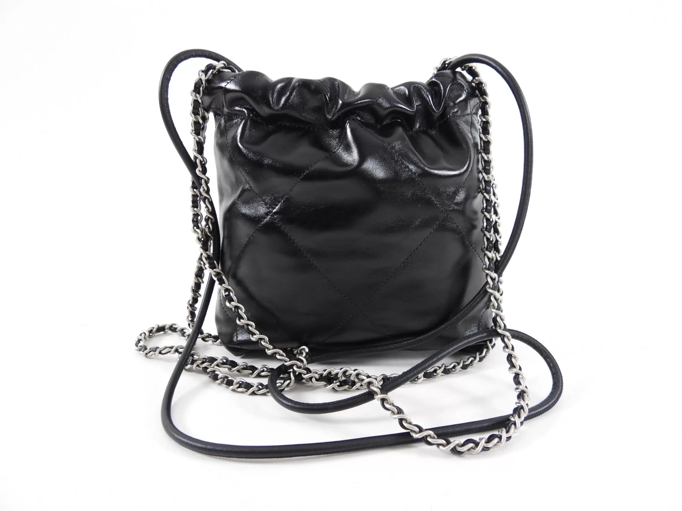 Chanel 22 Black Glossed Leather Logo Mini Chain Bag