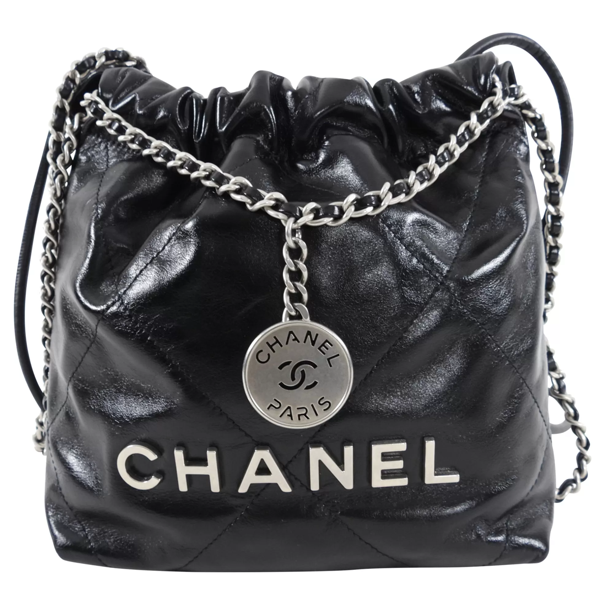 Chanel 22 Black Glossed Leather Logo Mini Chain Bag