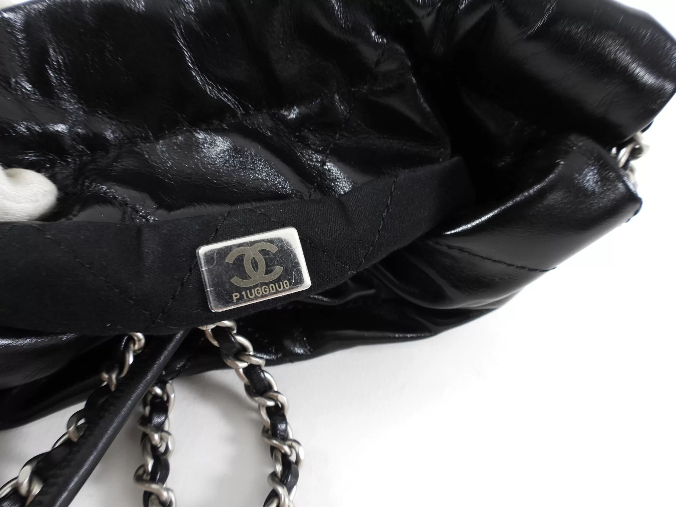 Chanel 22 Black Glossed Leather Logo Mini Chain Bag