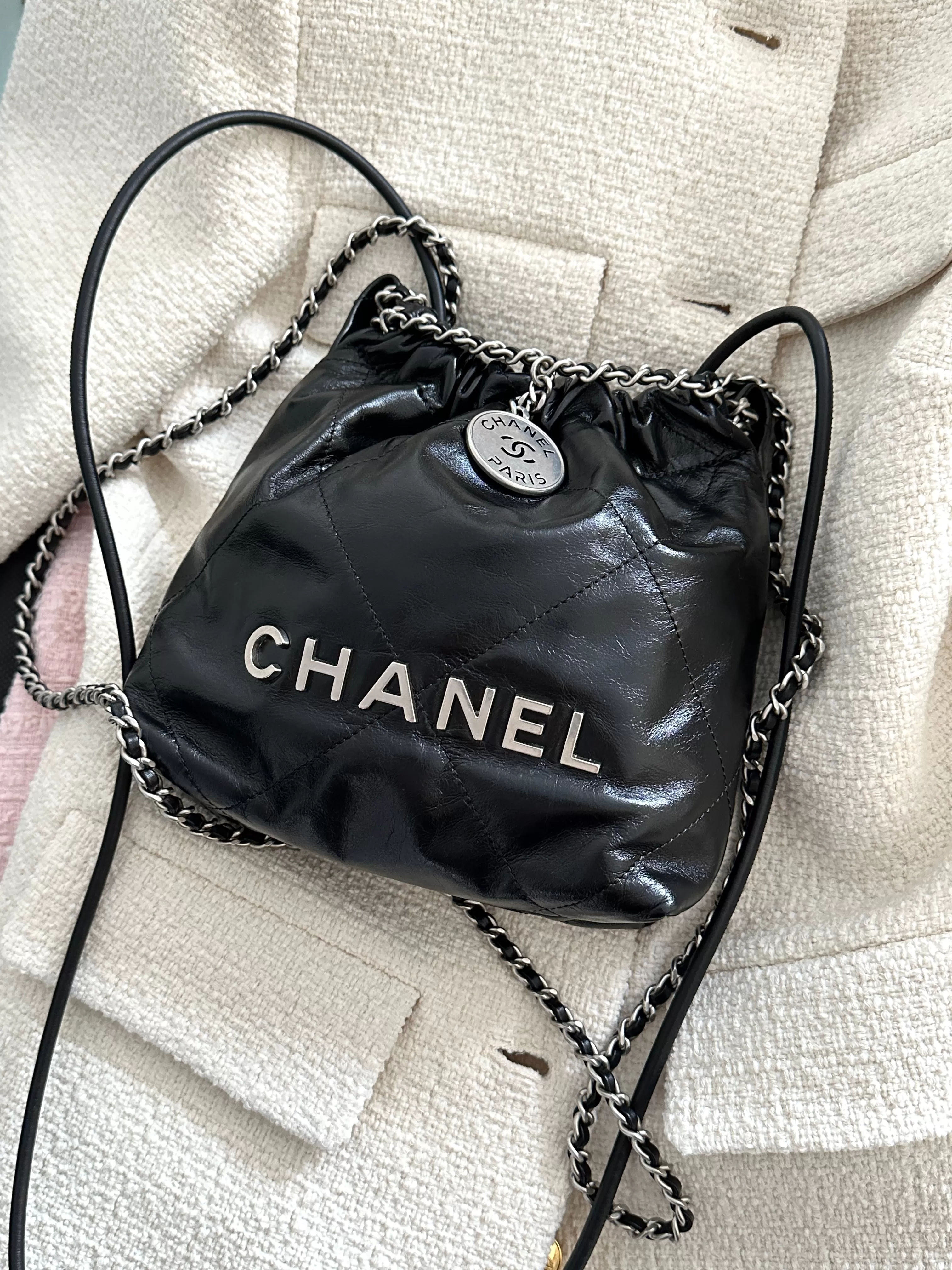 Chanel 22 Black Glossed Leather Logo Mini Chain Bag