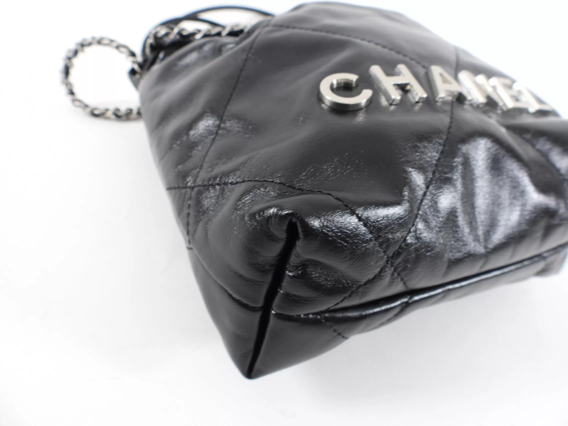 Chanel 22 Black Glossed Leather Logo Mini Chain Bag