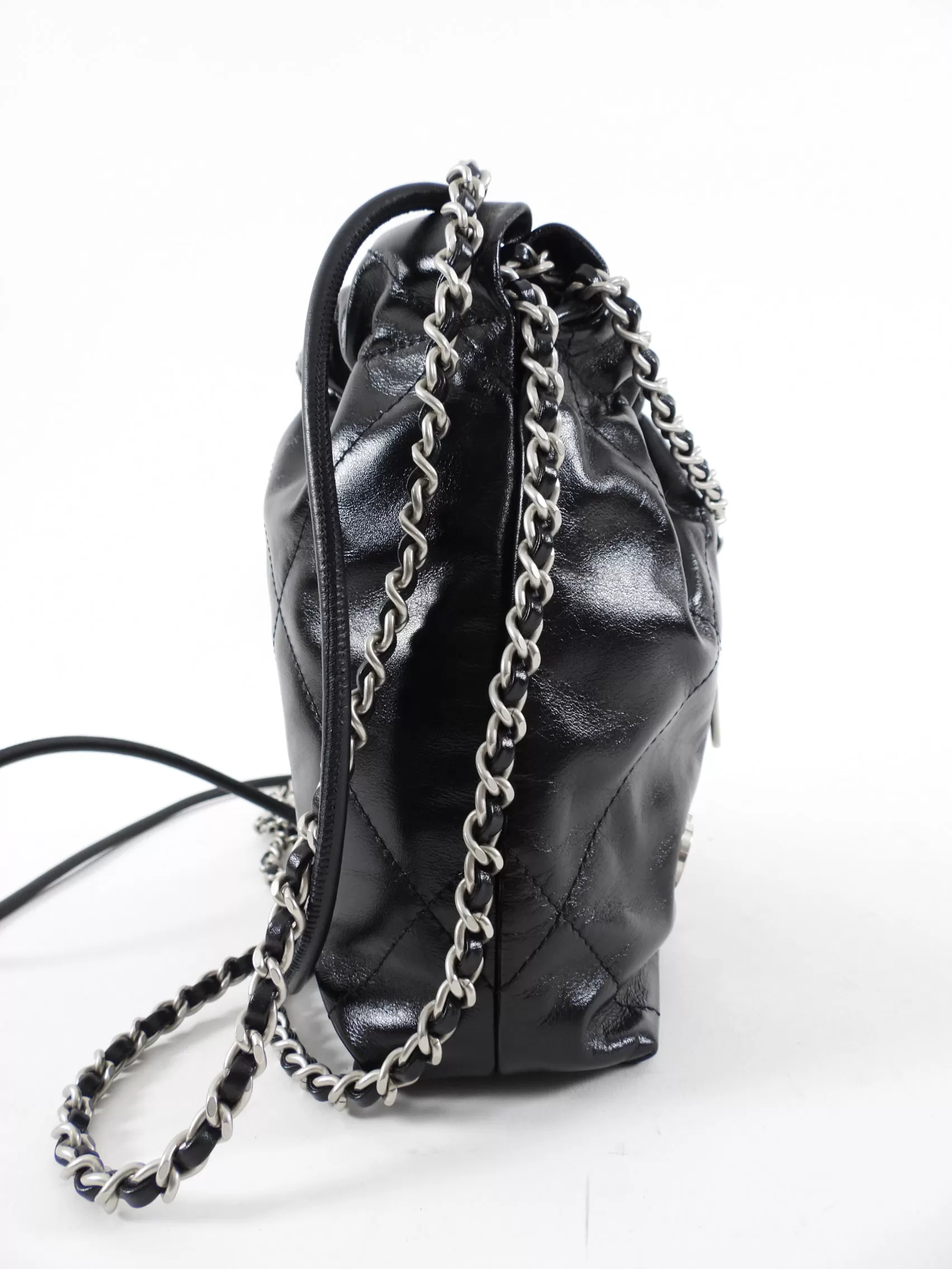 Chanel 22 Black Glossed Leather Logo Mini Chain Bag