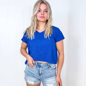 Classic Comfort Slub V Neckline Short Sleeve Top in Blue