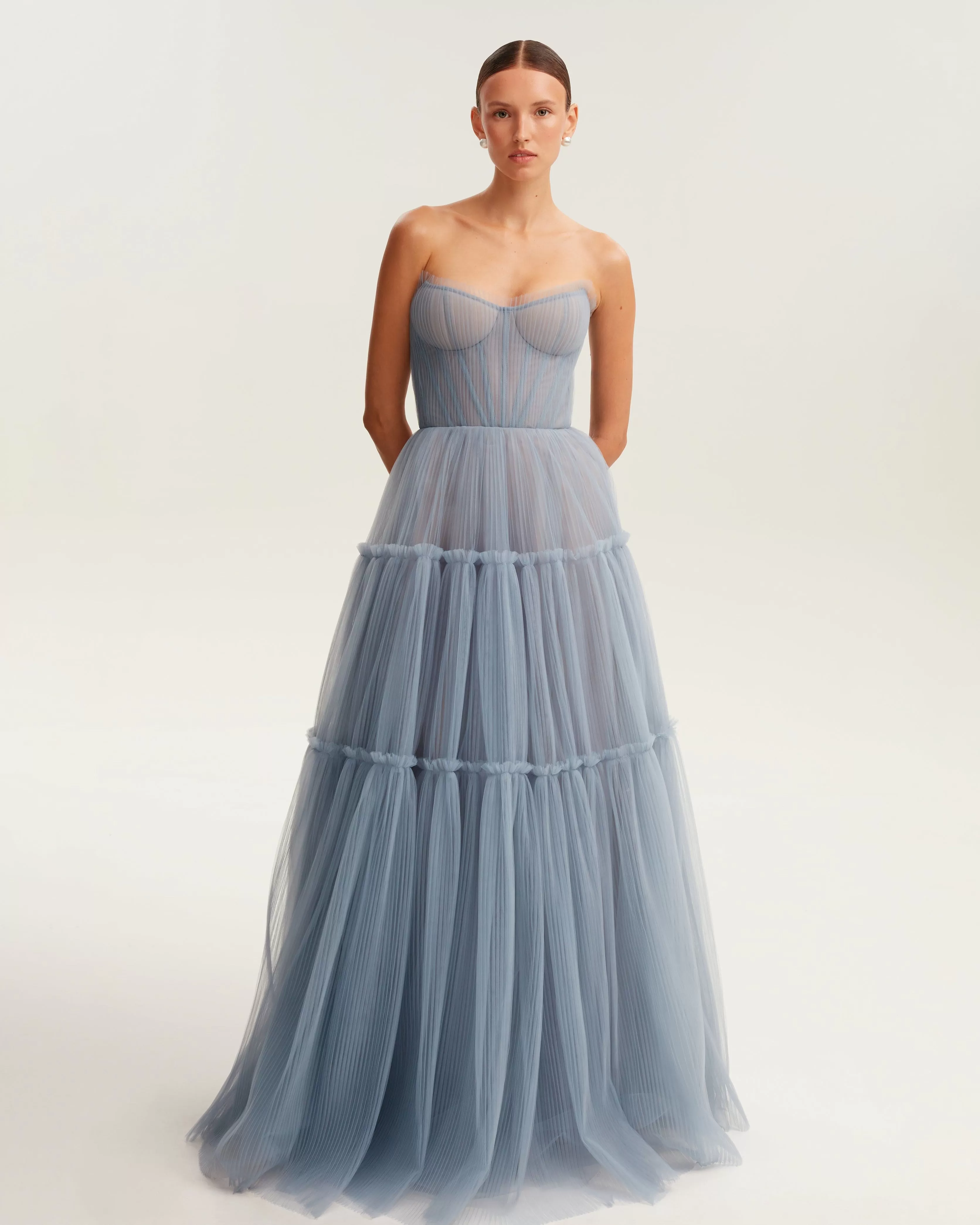 Cloudy blue tulle maxi dress with ruffled skirt, Garden of Eden